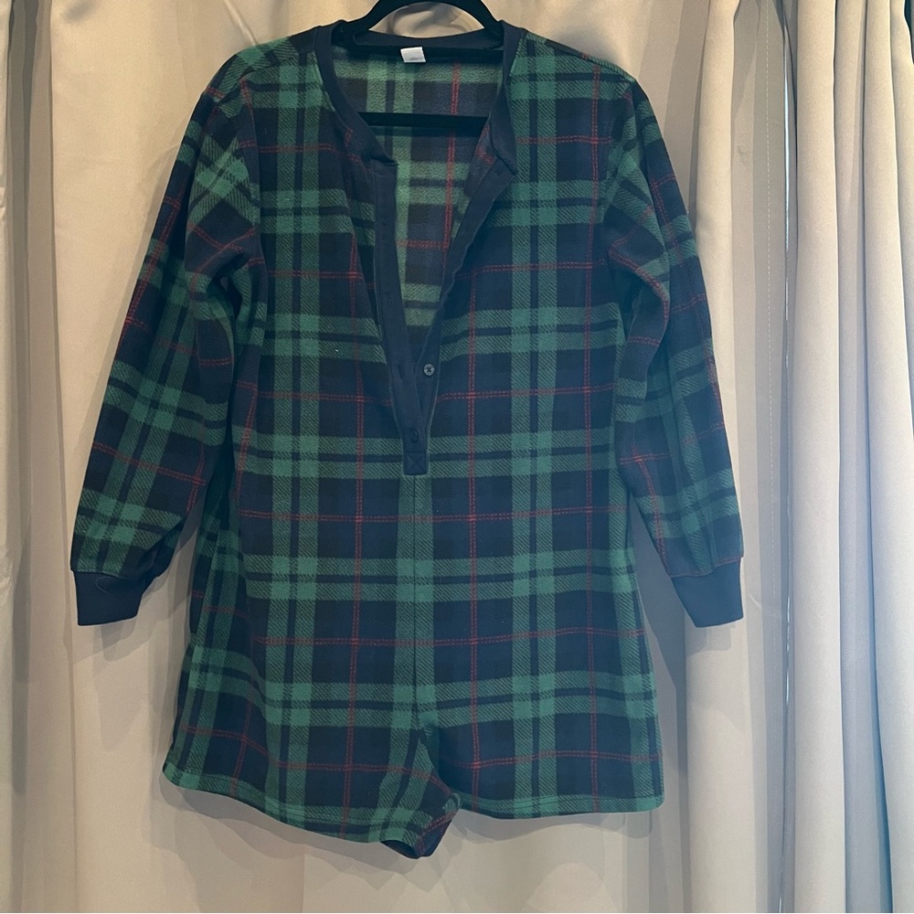 Old Navy Blue and Red Plaid Onesie Pajamas—Medium